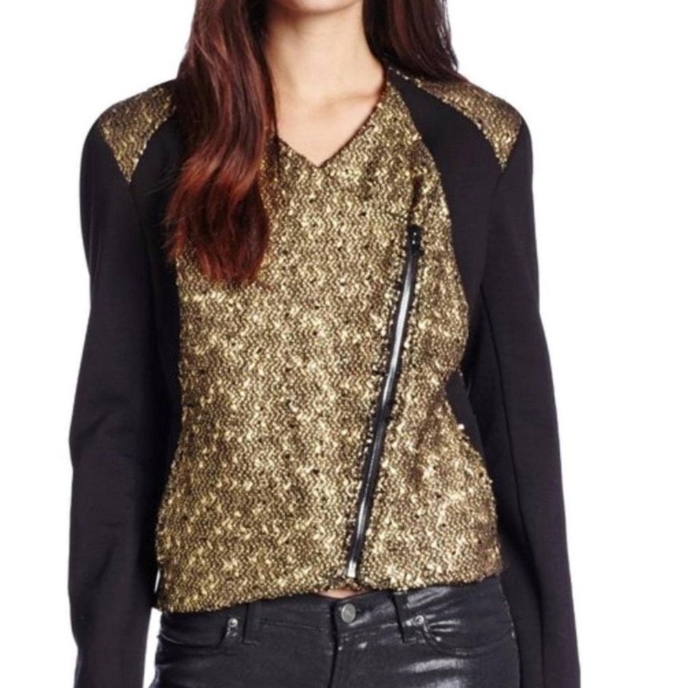 Karen Kane Womens XL Gold Metallic Boucle Asymmetrical Zip Moto Jacket Black
